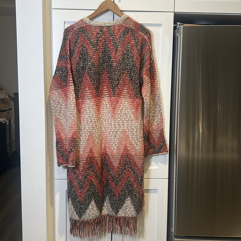 Lucky Brand Aztec Print Southwestern print Long Open Fringe Cardigan Size M - Picture 9 of 13